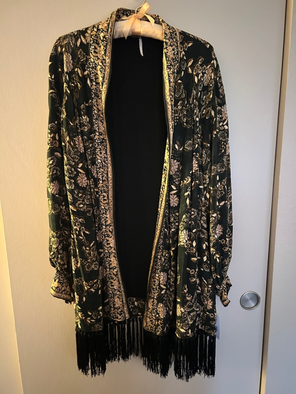 Free People black and gold Floral Fringe Kimono